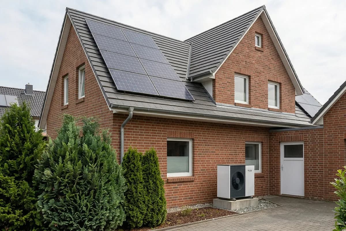Klinkerbau mit Solaranlage und Wärmepumpe nach Sanierung