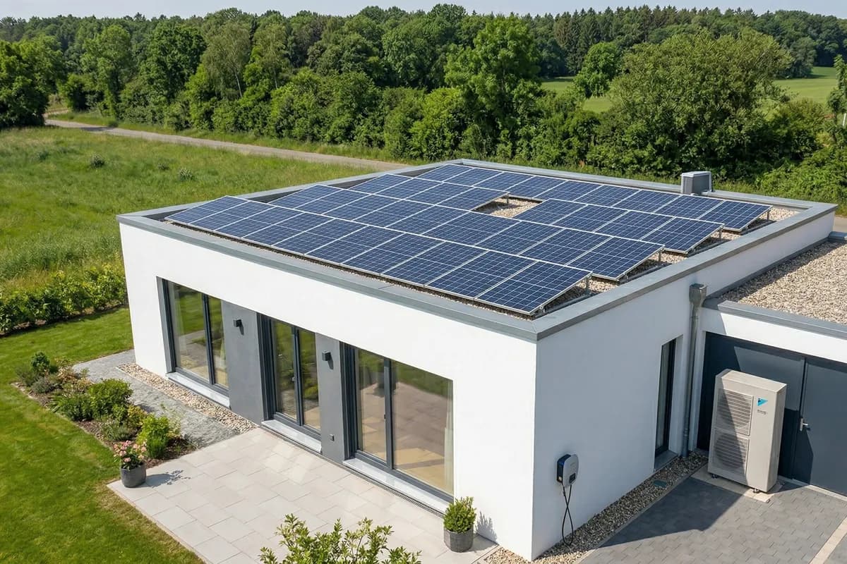 Modern saniertes Haus mit Flachdach und Photovoltaik